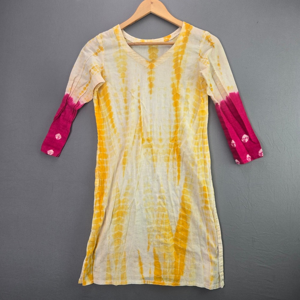 Vintage Tie Dye Tunic Top Dress Small Yellow Pink Cotton V-Neck 3/4 Sleeve Boho